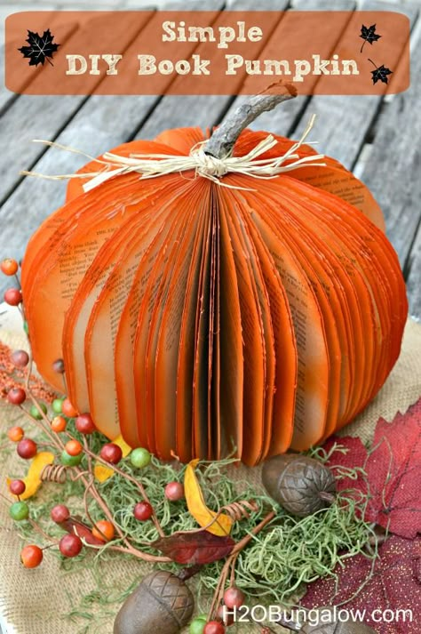 Make a DIY book pumpking from an old book with sturdy pages. Simple tutorial. Make this in less than an hour! www.H2OBungalow.com #halloween #falldecor #pumpkins Orange Books, Library Makerspace, Book Pumpkin, Decor Pumpkins, Pumpkin Diy, Pumpkin Books, Vibrant Decor, Beautiful Halloween, Easy Fall Decor