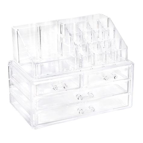 clear-cosmetic-storage-organizer-easily-organize-your-cosmetics Makeup Organizer Ideas, Clear Makeup Organizer, Vanity Organizer, Drawer Vanity, Organizing Hair Accessories, Clear Makeup, Organizer Ideas, Inside Cabinets, Makeup Supplies