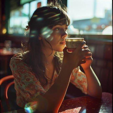 Coffee Portrait Photography, Woman Holding Coffee Cup, Lens Flare Photography, Person Drinking Coffee Reference, Mauve Photography, Red Chairs, Holding Coffee, Photography Still Life, Red Chair