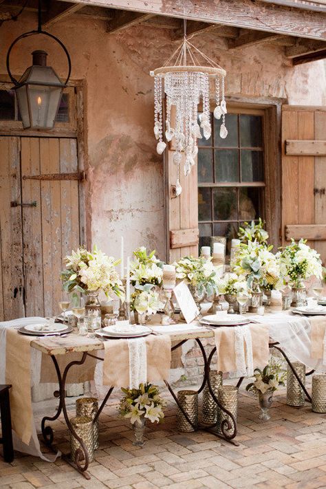 rustic oyster crystal chandelier! omg! Outdoor Zones, Rehearsal Dinner Inspiration, Mystery Garden, Tafel Decor, Beautiful Table Settings, Rustic Outdoor, The Ceiling, French Decor, Boho Home