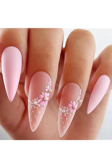 QDTK Flower Press on Nails Medium Matte Fake Nails Pink Flower with Pearl False Nails Spring Design Nail Decoration Stick on Nails for Women Manicure 24PCS Nails With Cherry, Flower Press On Nails, Nails With Pink, Sophisticated Nails, Pink Flower Design, Almond Nail Art, Rainbow Nail Art, Classy Nail Art, Easter Fashion