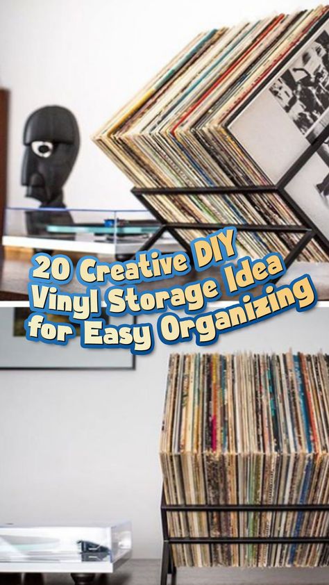 Cool Ways To Display Vinyl Records, Organize Records Vinyl Storage, Ways To Display Record Albums, Vinyl Records Organization Ideas, Storage For Records Vinyls, Vinyl Record Display Cabinet, Displaying Albums Vinyl Records, Diy Vinyl Record Holder, Vinyl Record Holder Ideas