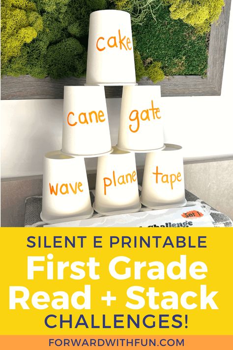 Silly Silent E Games - First Grade Cup Stacking Challenges New Words In English, Consonant Blends Activities, Silent E Words, Cup Stacking, Magic E Words, Cups Writing, Blends Activities, Holiday Science, Silent E