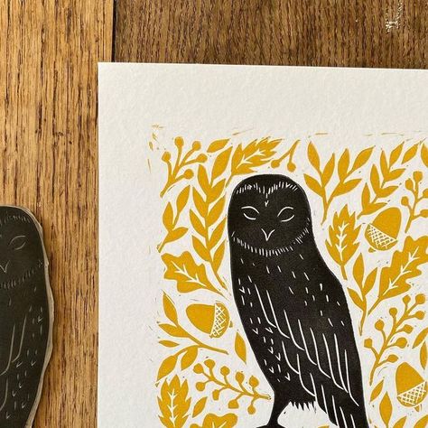 Owl Woodcut, Owl Linocut, Owl Folk Art, Lino Print Pattern, Printmaking Linocut, Bird Ideas, Lino Printing, 10 October, Alabama Chanin