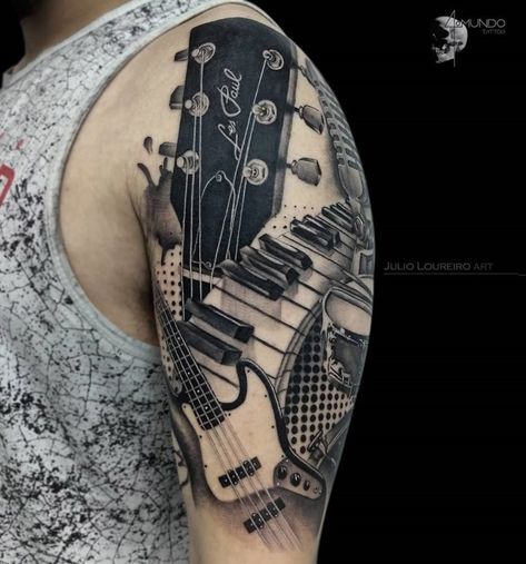 Musical Instruments, Mens Upper Arm Tattoo | Best tattoo design ideas Rocknroll Tattoo Ideas, Drum And Bass Tattoo, Music Sleeve Tattoo For Men, Drum Tattoos For Men, Arm Tattoos Music, Bass Tattoo, Upper Arm Tattoos For Guys, Personal Tattoos, Piano Tattoo