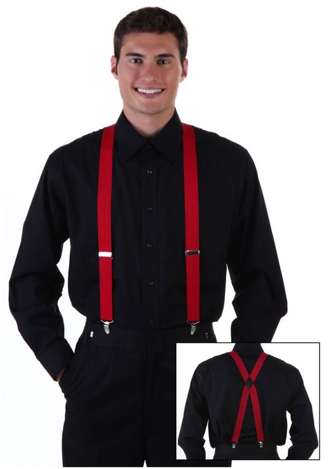 Suspenders Outfit Men, Black Suit Outfit, Casual Groom Attire, Suspenders Outfit, Casual Grooms, Black Dress Shirt, Red Suspenders, Suspenders For Boys, Red Quinceanera Dresses