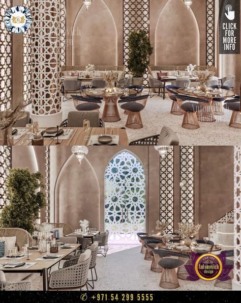 Moroccan Restaurant Interior, Iranian Restaurant, Restaurant Interior Design Modern, Luxury Restaurant Interior, Islamic Interior Design, Arabian Decor, Moroccan Restaurant, Interior Design Living Room Modern, Miami Interior Design