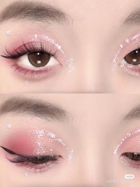 Douyin Eye Makeup, Eye Makeup Inspo, Light Pink Eyeshadow, Pink Glitter Makeup, Pink Eye Makeup Looks, Quinceanera Makeup, Pink Eyeshadow Look, Pink Eye Makeup, Doll Eye Makeup