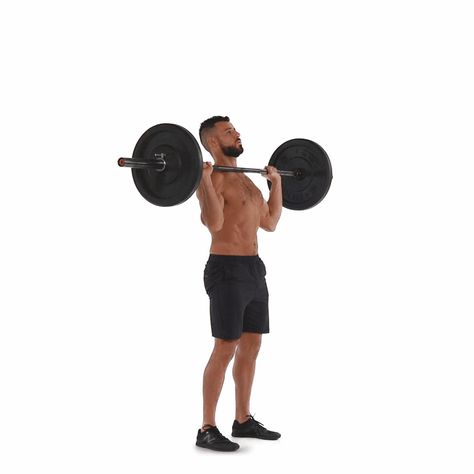 Stand holding a barbell at shoulder level, your palms facing forward. Dip down... Kettlebell Illustration, Barbell Complex Workouts, Workout Kettlebell, Intense Cardio Workout, Kettlebell Exercises, Weight Training Programs, Barbell Workout, Aerobics Workout, Circuit Workout