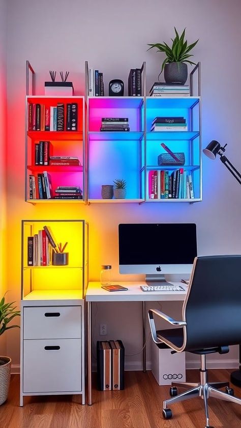 Discover neon-infused office interiors that blend functionality with fun, creating a modern workspace. Neon Office Aesthetic, Work Neon Sign, Neon Office, Window Desk, Modern Workspace, Office Aesthetic, Home Office Inspiration, Work Office Decor, Desk Inspiration