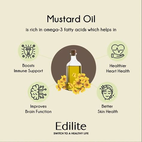 Unlock the benefits of mustard oil with Edilite! 🌿 From heart health to glowing skin, our cold-pressed, pure mustard oil is packed with natural goodness. Elevate your wellness journey with every drop. 🌱 #Edilite #MustardOil #HealthBenefits #NaturalGoodness #HeartHealthy #GlowingSkin #ColdPressed #PureQuality Benefits Of Mustard, Mustard Oil, Wellness Journey, Brain Function, Heart Health, Cold Pressed, Heart Healthy, Fatty Acids, Skin Health