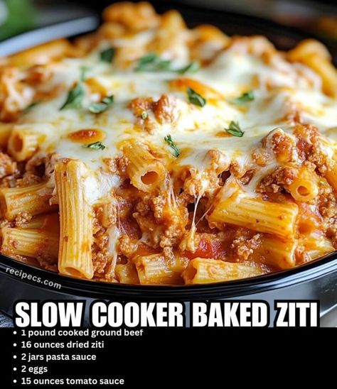 Slow Cooker Baked Ziti - Recipecs Baked Ziti Crockpot Slow Cooker, Low Ingredient Slow Cooker Recipes, Crockpot Recipes Baked Ziti, Simple Crockpot Pasta Recipes, Baked Ziti In Crockpot Easy Recipes, Crockpot Baked Ziti With Meat, Slow Cooker Ziti Crock Pot, Crock Pot Ziti Slow Cooker, Baked Ziti With Ground Beef Crockpot