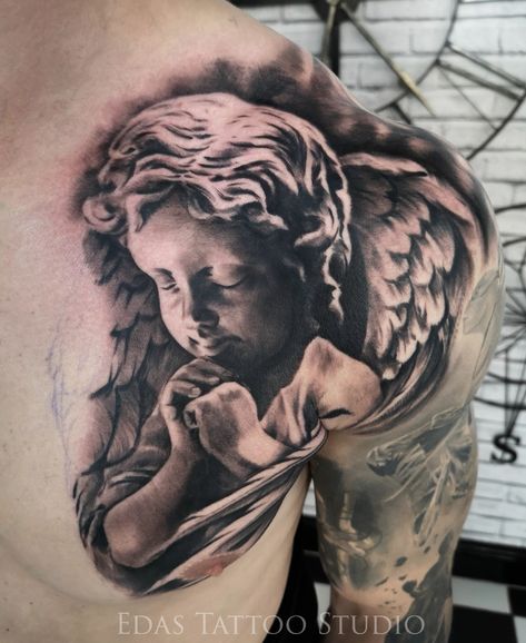 Cherub Chest Tattoo, La Logo Tattoo, Angel Money Tattoo, Chest Tattoo Men Angel, Angel Chest Tattoo Men, Angel Chest Tattoo, Chest Tattoo Angel, Tattoo Chest Men, Angel Portrait Tattoo