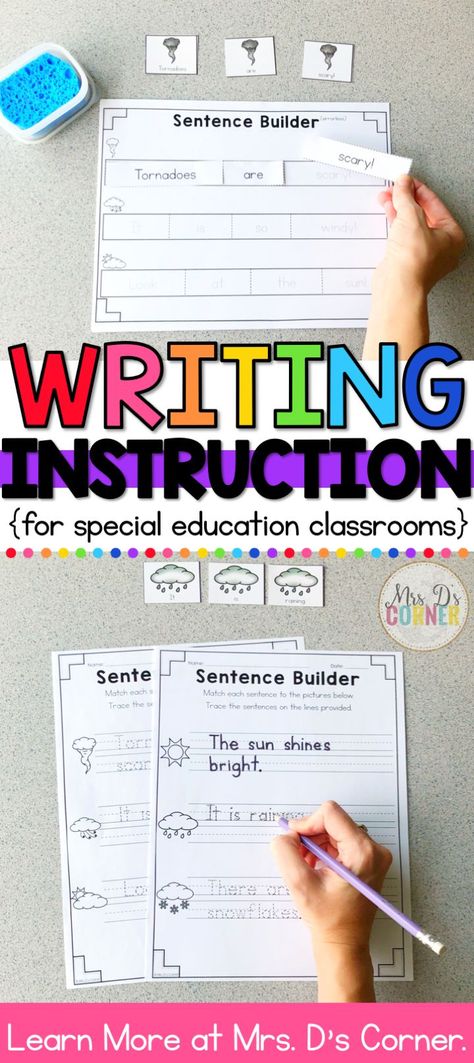 Writing instruction for special education classrooms. Use this full-year, 40 week, differentiated Sentence Builder resource to teach students how to write a sentence, and to reinforce the skills through interactive sentence building practice. The leveled activities can be used in small or whole group, literacy centers, as morning or word work. Also practices writing, spelling, grammar, capitalization and punctuation, letter formation, word spacing, & more! Learn more at Mrs. D's Corner. Special Education Writing, Informational Writing Prompts, Sentence Building Activities, Special Education Reading, Sentence Writing Activities, Sentence Builder, Free Writing Prompts, Narrative Writing Prompts, Interesting Activities