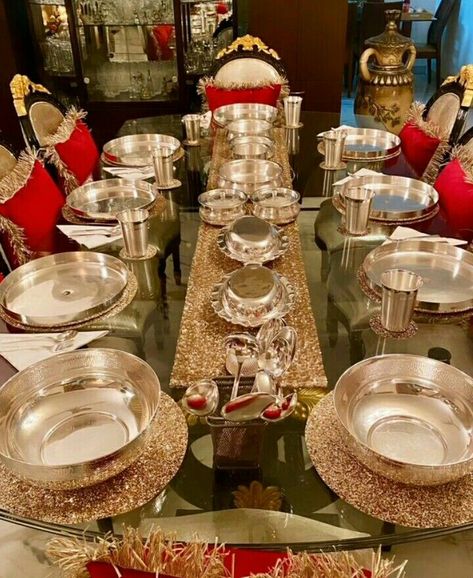 Silver Utensils Indian, Silver Dinner Set Indian, Silver Dinner Set, Indian Kitchen Utensils, Silver Utensils, Diwali Sweets Recipe, Silver Home Accessories, Table Spread, Silver Articles