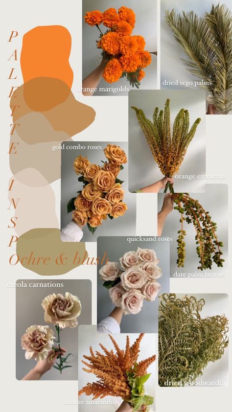 Roses, carnations, marigolds, and dried foliage in gold, orange, bronze, and blush. Combo Rose Bouquet, Dried Flower Orange, Marigold Color Palette Weddings, Orange Floral Arrangements Wedding, Marigolds Wedding Bouquet, Marigold Bouquet Wedding, Marigold Wedding Bouquet, Mustard Wedding Flowers, Marigold Wedding Decoration