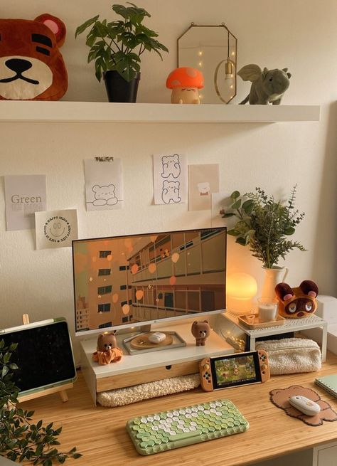 Cute Cozy Gaming Setup, Science Desk Decor, Cozy Wfh Office, Colourful Aesthetic Room, Cute Aesthetic Desk Setup, Earthy Study Room, Earth Tone Desk, Boho Computer Room, Cozy Bedroom Desk Ideas