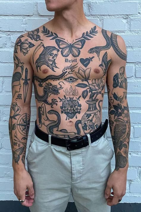 Full Body Small Tattoo Men, Men Center Chest Tattoo, Traditional Torso Tattoo Men, Traditional Patchwork Tattoo Sleeve Men, Traditional Chest Piece Tattoo Men, Patchwork Body Tattoos, Traditional Pieces Tattoo, Chest Patchwork Tattoo Men, Patchwork Torso Tattoo