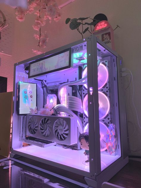 Pc Lighting Ideas, Pc Case Aesthetic, Kawaii Computer Setup, Twitch Streamer Setup, Pc Ideas, Girly Pc Build, Purple Pc Setup, Aesthetic Pc Build, Purple Aesthetic Gaming Setup