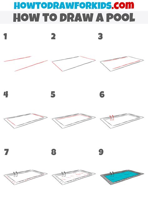 how to draw a pool step by step How To Draw Pool Water, Swimming Pool Drawing Easy, Pool Drawing Simple, Pool Doodle Drawings, Swimming Pool Tattoo, Pool Sketch, Swimming Pool Drawing, Pool Tattoo, Draw Buildings