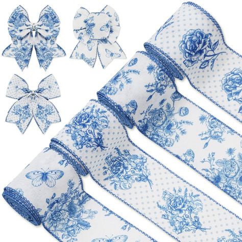 PRICES MAY VARY. WHAT YOU WILL GET: 4 rolls of ribbons are included in the package, with delicate patterns that make them great decoration supplies for crafts. ELEGANT THEME: Taking blue and white as theme colors, patterned with flowers and butterflies, exquisite and delicate, will meet your holiday needs for decoration and crafts making. PROPER SIZE: Each roll measures 2.5 inch in width and 6 yards in length, 24 yards in total, long enough to satisfy your needs for decoration and crafts making, Bridal Shower Gift Wrapping, Wreath Bow Diy, Blue Flower Fabric, Ribbon For Wreath, Chinoiserie Wedding, Butterfly Craft, Something Blue Bridal, Blue Bridal Shower, Butterfly Wedding