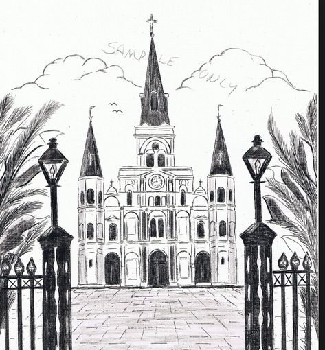 New Orleans Drawing, St Louis Cathedral New Orleans, Cathedral Tattoo, New Orleans Tattoo, Aa Tattoos, St Louis Cathedral, Tattoo New, New Orleans Art, Free Motion Embroidery