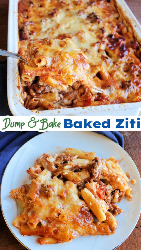 Take the prep work and dirty dishes out of the dinner equation! This dump and bake baked ziti recipe just requires you to put everything in a pan and bake it to perfection. No boiling or browning first. It is super simple and tastes great. Your family is going to love this meal. Easy Party Side Dishes, Dump And Bake, Beef Pasta Recipes, Ziti Recipe, Italian Sausage Pasta, Ziti Recipes, Baked Ziti Recipe, In A Pickle, Boiled Food