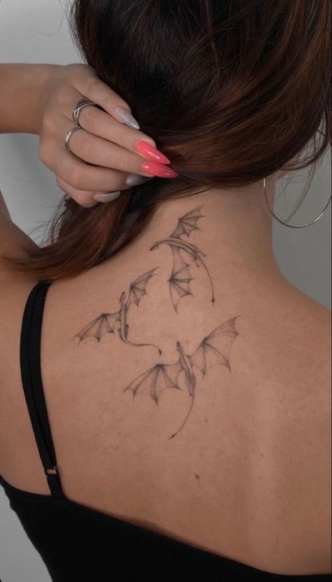 Dragons On Back Tattoo, Three Dragon Tattoo, Fourth Wing Dragon Tattoo, Dragon Tatoos Woman, Bowtruckle Tattoo, Hip Dragon Tattoo, Dragon Minimalist Tattoo, Delicate Dragon Tattoo, Dragon Ear Tattoo