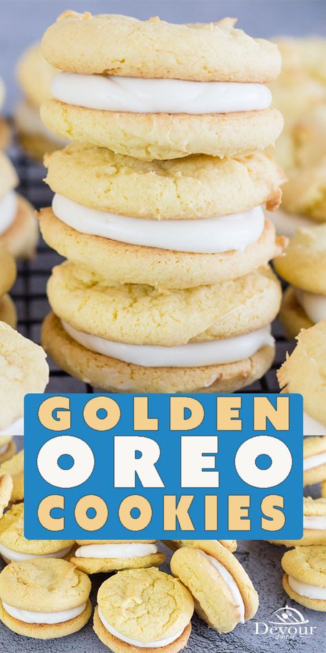 Cookie Bars With Yellow Cake, Yellow Cake Whoopie Pies, Cake Mix Sandwich Cookies, Desserts With Yellow Cake Mix Easy, Golden Oreo Recipes, Golden Oreo Cake, Golden Oreo Cookies, Yellow Cake Mix Cookies, Work Desserts