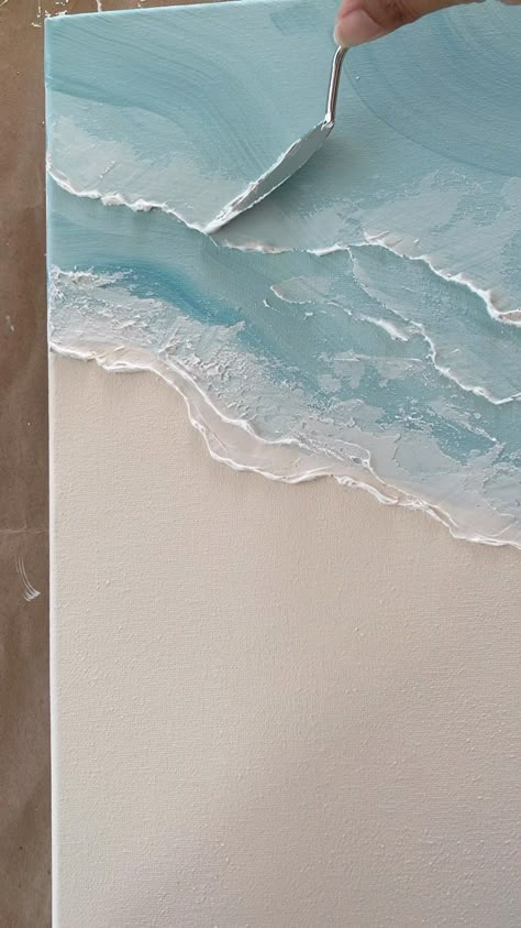 Spackle Art Texture Diy Beach, Textured Seascape Art, Beach Textured Painting, Diy Textured Canvas Art Wave, Textured Art Beach, Waves Textured Art, Textured Beach Art, Wave Texture Art, Diy Coastal Wall Art