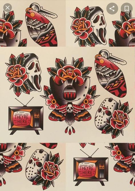 Halloween Tattoo Flash, Traditional Tattoo Flash Sheets, Tato Flash, Tato Tradisional, Horror Tattoos, Horror Movie Tattoos, Traditional Tattoo Flash Art, Traditional Tattoo Inspiration, Movie Tattoo