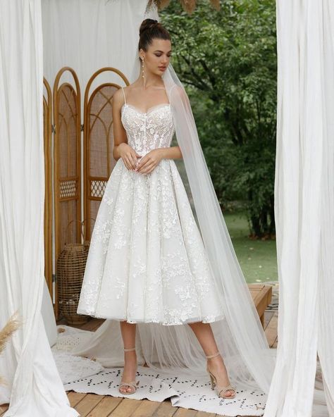 24 Gorgeous Tea Length Wedding Dresses ❤ tea length wedding dresses beach with spaghetti straps innocentiadresses #weddingforward #wedding #bride #weddingoutfit #bridaloutfit #weddinggown Wedding Dresses Mid Length, Tea Wedding Dress, Cup Wedding Dress, Mid Length Wedding Dress, Wedding Dresses Tea Length, White Tea Length Dress, Ankle Length Wedding Dress, Tea Length Wedding Dresses, Dresses Tea Length