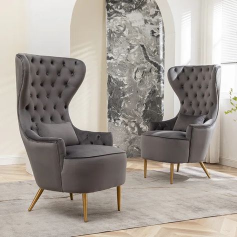 Bayah 2 - Pieces Upholstered Tufted Velvet High Wingback Chair Velvet Wingback Chair, Wingback Accent Chair, Tufted Furniture, Chair Wood, Tufted Cushion, High Back Chairs, Barrel Chair, Cool Chairs, Wingback Chair