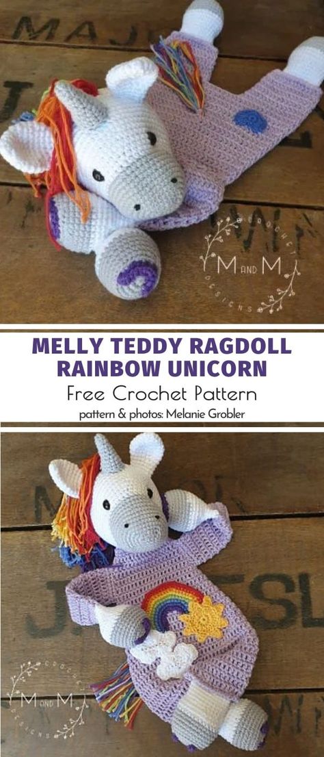 Melly teddy Ragdoll Rainbow Unicorn Free Crochet Pattern Cats Crochet, Crochet Dogs, Crochet Unicorn Pattern, Unicorn Crochet, Lovey Pattern, Crochet Lovey, Ragdoll Cats, Crochet Unicorn, Unicorn Pattern