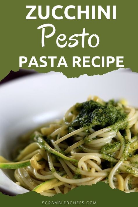 Make this delicious Zucchini Pesto Pasta Recipe as a flavor and veggie packed choice that everyone loves! A great pesto pasta meal that is ready in no time and a hit for pasta nights! We love fresh summer squash and summer zucchini, and this recipe is a great way to use it! #Zucchini #Pesto #Pasta #PastaRecipes #ScrambledChefs Pasta Recipes Spaghetti, Spaghetti With Pesto, Zucchini Pesto Pasta, Pesto Sauce Recipe, Pesto Pasta Recipe, Zucchini Spaghetti, Summer Zucchini, Pesto Pasta Recipes, Pasta Night