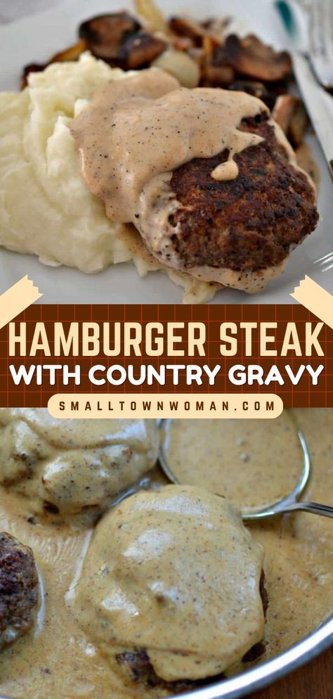 Treat your family to this hamburger steak! Smothered in creamy country gravy, this go-to comfort food is sure to be a hit even with picky kids. Save this homemade dinner recipe to enjoy an easy meal with ground beef on weeknights! Dinner Beef Recipes, Recipes For Dinner Beef, Hamburger Steak And Gravy, Dinner Beef, Country Gravy, Ground Beef Recipe, Hamburger Steak, Dinner With Ground Beef, Beef Recipes Easy