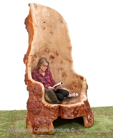 Carved Log Tree Chair Available at Woodland Creek Boom Bank, Cabin Chair, Log Chairs, Tree Chair, Tre Kunst, Tree Furniture, Tree Carving, Log Furniture, Unique Trees