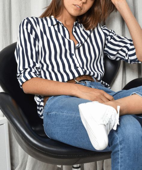 Navy Striped Shirt Outfit, Blue And White Stripes Outfit, Pinstripe Pants Outfit, White Striped Shirt Outfit, Blue Striped Shirt Outfit, Striped Top Outfit, Green Silk Shirt, Outfits With Striped Shirts, The Fable