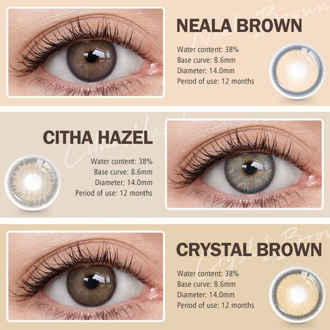 The three best-selling natural brown lenses 😍🌰 Each shade is gorgeous and natural, which one do you choose?⁠ ⁠#NealaBrown⁠ #CithaBrown⁠ #CrystalBrown⁠ #just4kira #makeup #beauty #ColoredContacts #lenses #fyp #brownlcontacts #reviews #eyewear #shades #softlens #brownlens #fashion #chicforeyes #naturallenses Lens For Brown Skin, Brown Contact Lenses, Soft Lens, Makeup Accesories, Brown Lens, Colored Contacts, Natural Brown, Contact Lenses, Brown Skin