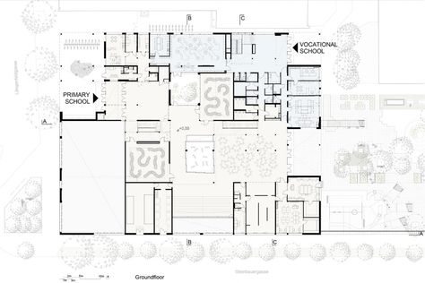 School Architecture Plan, School Ground, Elementary School Architecture, Axonometric View, School Buildings, Vocational School, School Campus, Outdoor Education, School Plan