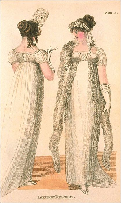 Fashions of London and Paris, March 1807. “London Dresses” Though the description does not say so, it appears that these two figures show variations of the same basic dress. The bodice and sleeves are the same, but the figure on the right shows the addition of a crepe robe trimmed with lace, plus the fabulous tippet (what we would call a boa). 1806 Fashion Plate, 1806 Fashion, Neoclassical Fashion, 1810 Fashion, 1800s Dresses, Empire Clothing, 1820 Fashion, Empire Fashion, Fashion Empire