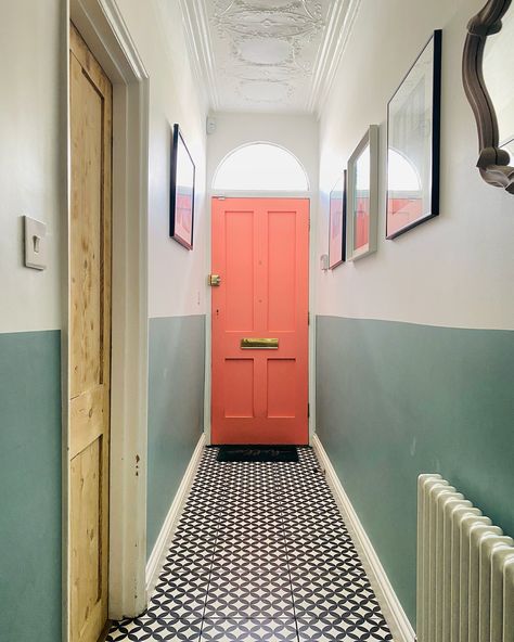 A little colour can make a big statement! 🎨 This pink-painted door against the blue and white walls gives the entrance hall a fresh and fun vibe, while the Victorian cornice and tiled floor keep it rooted in tradition. A perfect blend of old and new! #EntranceGoals #BoldInteriors #PinkDoor #VictorianCharm #HallwayInspo #ColourPop #PeriodFeatures #InteriorDesign #ModernClassic #HomeEntrance Pink And Blue Hallway, Colourful Victorian House, Colour Drenching Hallway, Colourful Corridor, Blue And White Walls, Pink Hallway Ideas, Victorian Cornice, Colourful Hallway, Pink Hallway