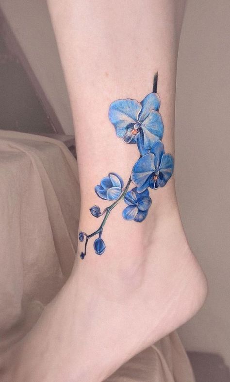 Blue Orchid Tattoo Design, Blue Lotus Flower Tattoo, Blue Orchid Tattoo, Watercolor Orchid Tattoo, Orchid Tattoo Meaning, Tattoo Coverups, Orchid Tattoos, Blue Tattoos, Flower Tats