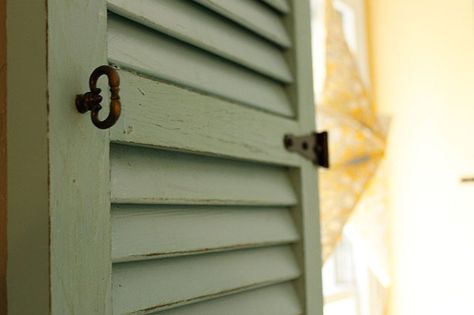 keypull Window With Shutters, Holiday Card Display, Dormer Window, Window Well, Upholstery Tacks, Old Shutters, Building A Fence, Dormer Windows, Dog Gate