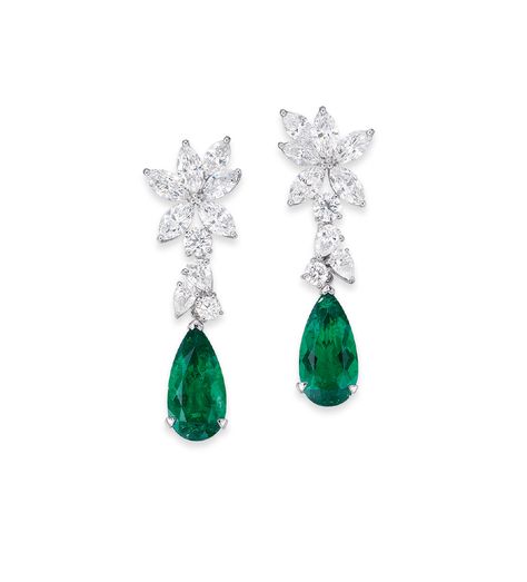 A PAIR OF EMERALD AND DIAMOND EAR PENDANTS, BY GRAFF. Each suspending a detachable pear-shaped emerald pendant, linked by pear and circular-cut diamond spacers, to the marquise-cut diamond cluster surmount, mounted in gold, 5.4 cm, in blue leather Graff case. Signed Graff. Emerald And Diamond Earrings, Emerald Diamond Earrings, Diamond Pendent, Harry Winston, Pearl Jewellery Earrings, Emerald Earrings, Emerald Jewelry, Van Cleef, Gems Jewelry