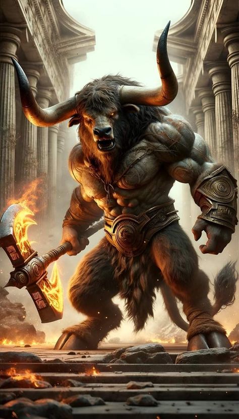 Minatour Greek, Greek Myth Creatures, Mythical Monsters Mythology, Mythical Creatures Art Mythology, Minotaur Character Design, Greek Mythology Creatures, Satyr Art, Minotaur Art, Mythology Characters