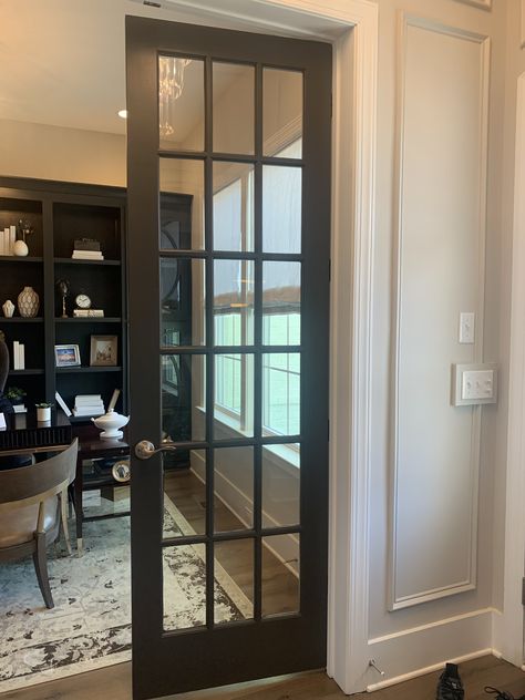 Double Glass Doors To Office, Modern French Black Office Doors Interior, Masculine Office And Glass Doors, Office Room Door, Home Office Glass Barn Door, Home Office With French Doors, French Doors Office, Large Glass Barn Door, French Doors Inside