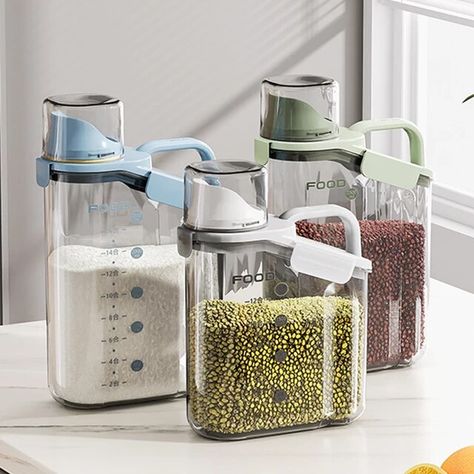 Clear Airtight Food Storage Container With Measuring Cup And Handle Easy Pouring Cereal Dispenser Kitchen Pantry Organizer Jars - Bottles,jars & Boxes - AliExpress Rice Container Storage, Cereal Storage, Cereal Containers, Cereal Dispenser, Dry Food Storage, Kitchen Storage Boxes, Pet Food Storage, Grain Storage, Airtight Food Storage