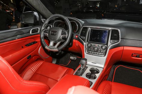 2017 New York Auto Show: 2018 Jeep Grand Cherokee Trackhawk Jeep Trackhawk Interior, Red Trackhawk, Trackhawk Interior, Srt Jeep, Jeep Interiors, Jeep Grand Cherokee Srt, Cool Car Accessories, Kid Friendly Travel Destinations, Dream Cars Jeep