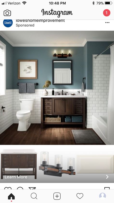 Mens Bathroom Color Schemes, Indigo Bathroom Ideas, Dusky Blue Bathroom, Slate Blue Bathroom Walls, Sage And Navy Bathroom, Grey Blue Bathroom Ideas, Boys Bathroom Tile Ideas, Denim Blue Bathroom, Blue Accent Bathroom